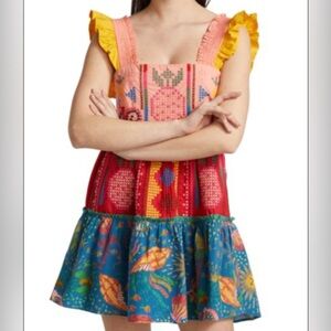 Farm Rio Cross Stitch Tiered Cotton Mini Dress